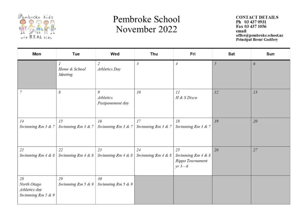 School Calendar Pembroke School (Oamaru)