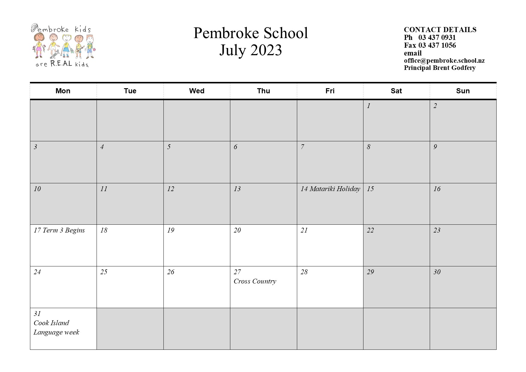 School Calendar Pembroke School (Oamaru)