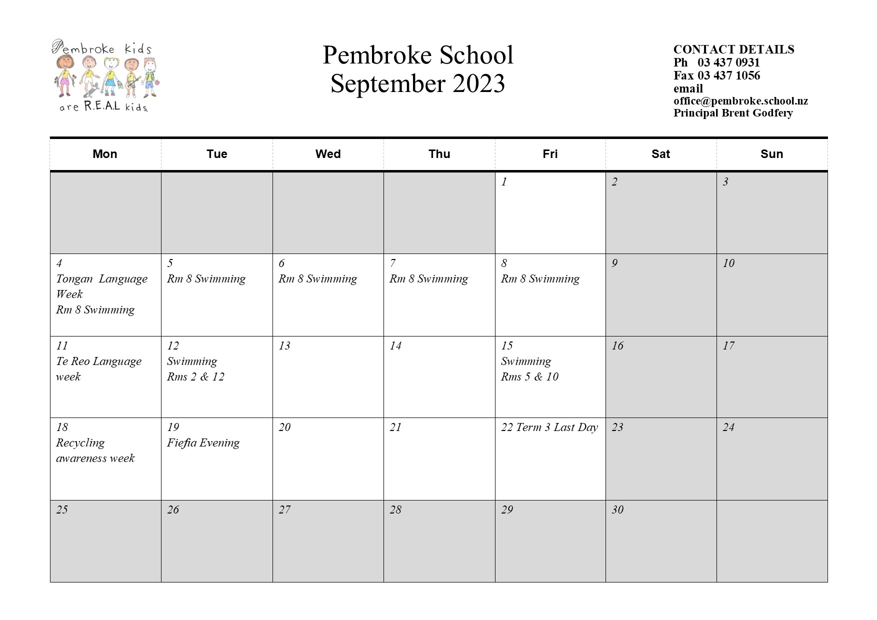 School Calendar Pembroke School (Oamaru)